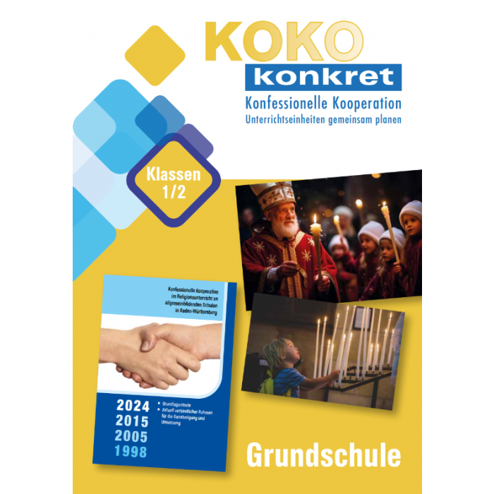 Titelblatt mit dem Schriftzug 'KOKO konkret', 'Konfessionelle Kooperation Unterrichtseinheiten gemeinsam planen', 'Klassen 1/2', mehreren Jahreszahlen und dem Wort 'Grundschule'. Drei Fotos zeigen eine Handreichung, eine religiöse Zeremonie mit Kerzen und ein Kind vor einem Kerzenständer.