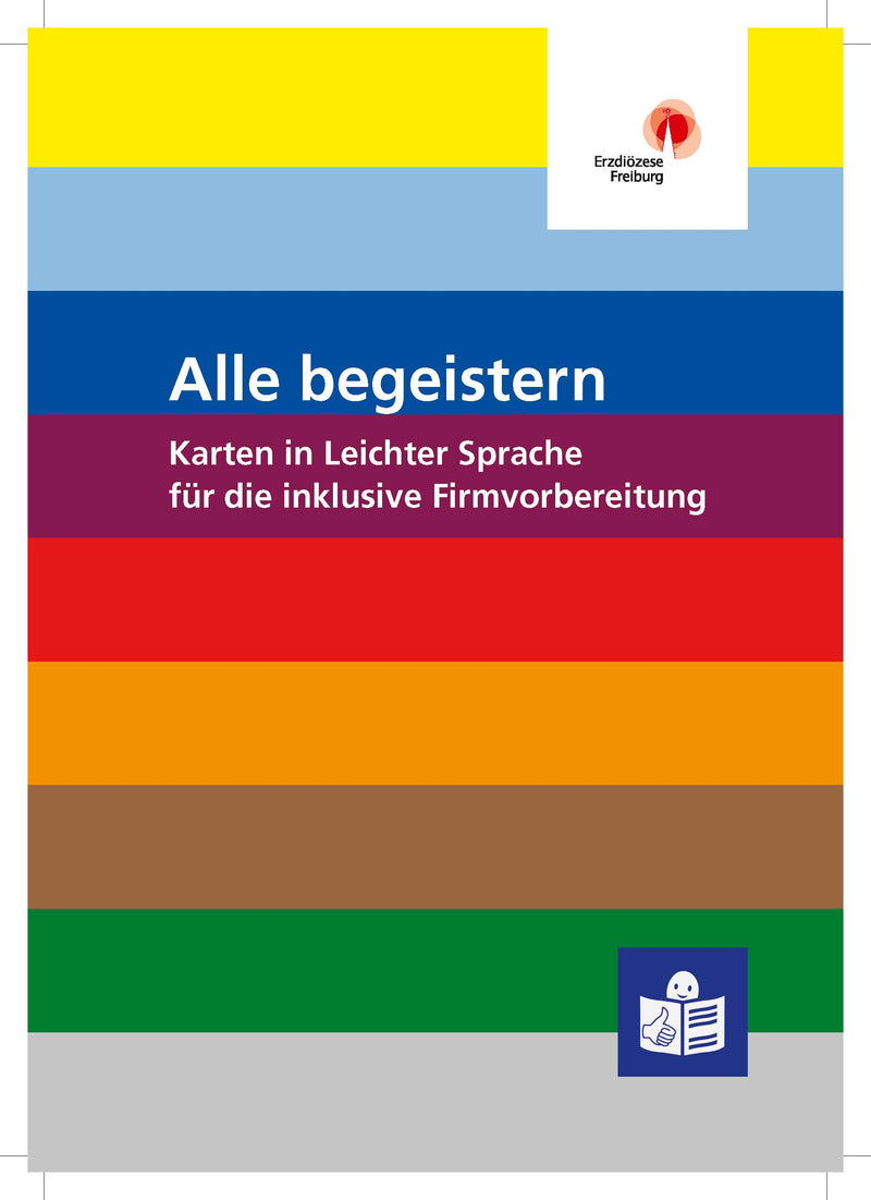 Bunt gestreiftes Deckblatt mit dem Text 'Alle begeistern Karten in Leichter Sprache für die inklusive Firmvorbereitung' und zwei Logos oben rechts und unten rechts.