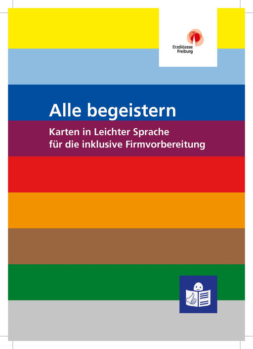 Bunt gestreiftes Deckblatt mit dem Text 'Alle begeistern Karten in Leichter Sprache für die inklusive Firmvorbereitung' und zwei Logos oben rechts und unten rechts.