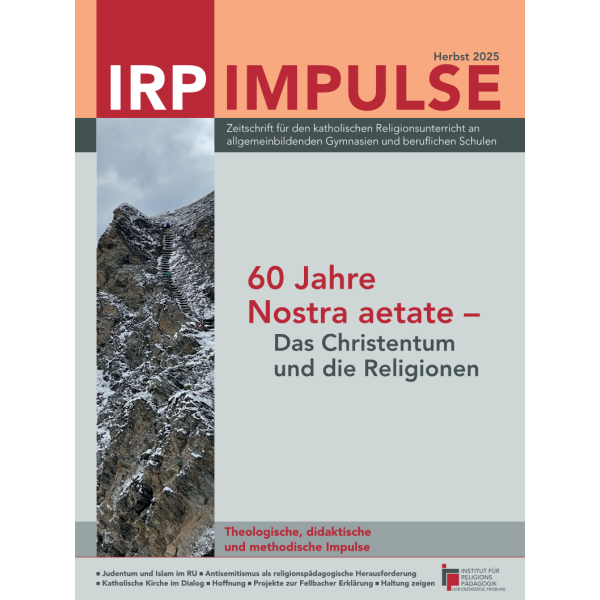 Zeitschriftentitel 'IRP IMPULSE Herbst 2025' mit Berggipfelbild und Text '60 Jahre Nostra aetate – Das Christentum und die Religionen'