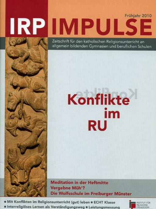 Zeitschriftentitel 'IRP IMPULSE' mit Thema Konflikte im RU und Reliefschnitzerei mit Tieren am linken Rand.