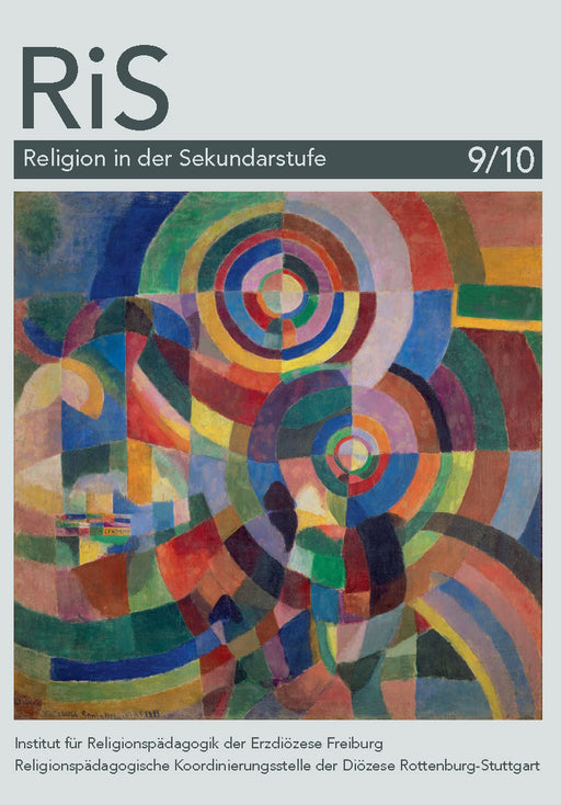In der Mitte ist ein großes Bild. Auf dem Bild sind bunte Kreise zu sehen. Diese sind gemalt und unterschiedlich angeordnet.