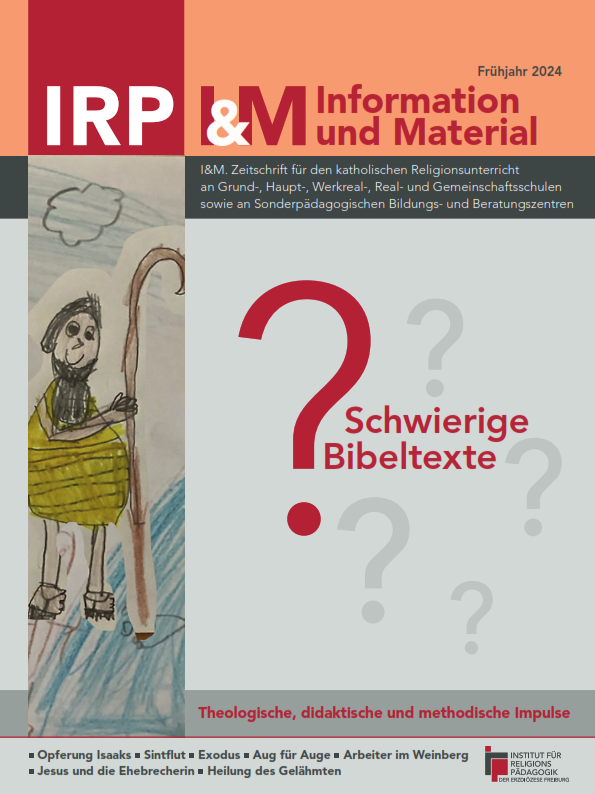 Zeitschriftentitel IRP & M Information und Material mit einer wie von einem Kind gezeichneten bärtigen Person in gelbem Gewand, die einen Hirtenstab hält, und dem Text Schwierige Bibeltexte auf rotem Hintergrund.