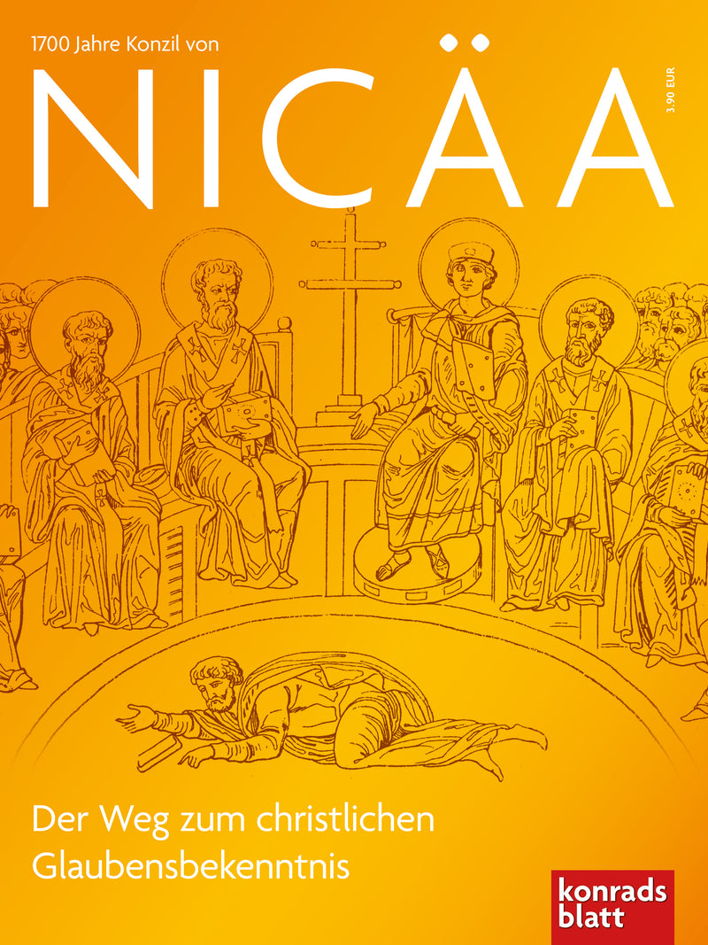 Zeichnung von mehreren im Halbkreis sitzenden Personen mit Heiligenscheinen und einem stehenden Kreuz, darunter eine liegende Person, vor orangefarbenem Hintergrund mit Text 1700 Jahre Konzil von NICÄA und Der Weg zum christlichen Glaubensbekenntnis.
