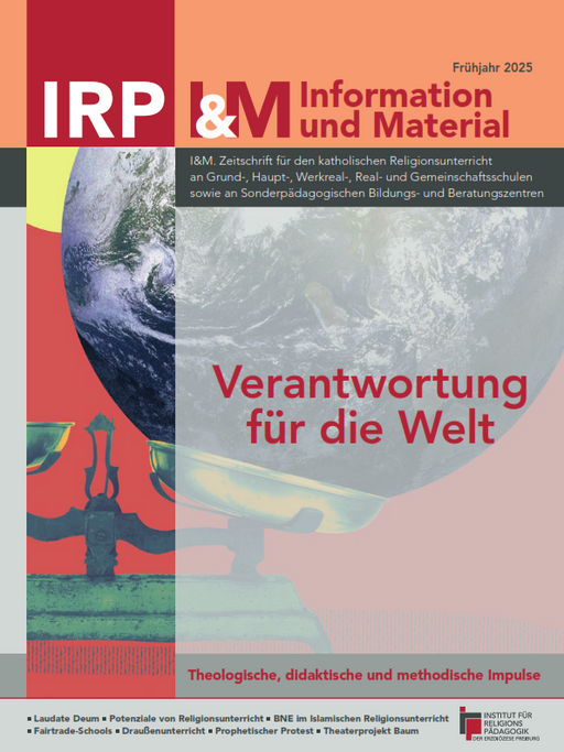 Titelblatt der Zeitschrift 'IRP & M Information und Material' mit der Überschrift 'Verantwortung für die Welt' und einem Globus im Hintergrund, welcher in eine Waagschale gelegt ist.