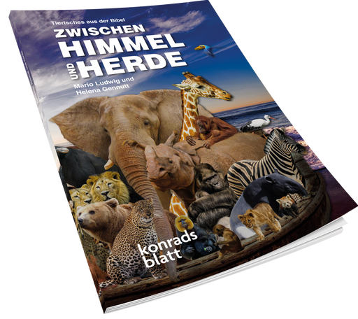 Buchcover mit dem Titel 'Zwischen Himmel und Herde' von Mario Ludwig und Helena Gennutt, zeigt eine Gruppe verschiedener Wildtiere wie Elefant, Giraffe, Löwe, Zebra und Nashorn vor einem Himmelshintergrund.