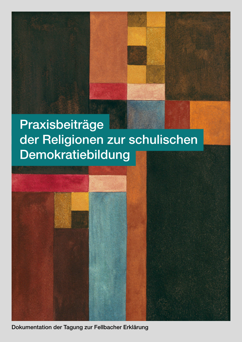 Abstraktes Gemälde mit rechteckigen Farbflächen in Braun-, Rot-, Gelb- und Blautönen und dem Text 'Praxisbeiträge der Religionen zur schulischen Demokratiebildung'