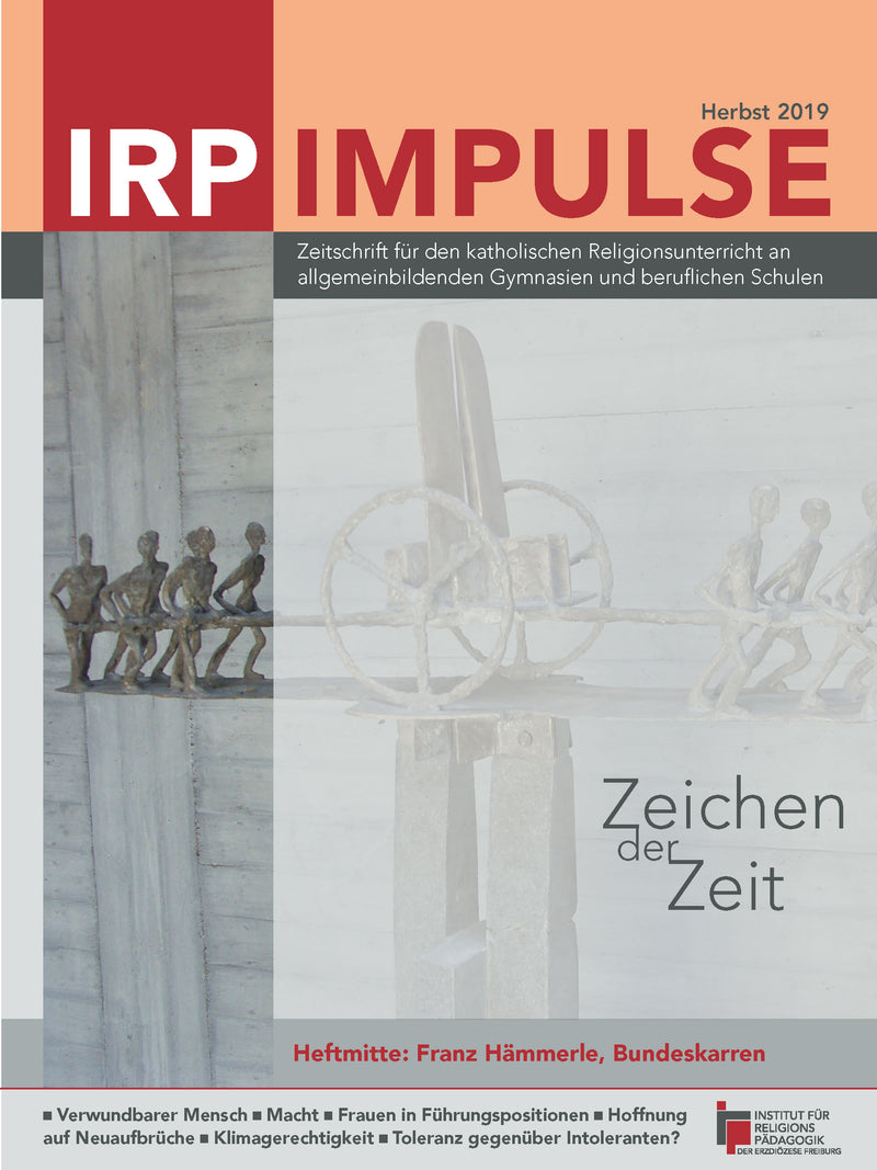 Zeitschriftentitel 'IRP IMPULSE' Herbst 2019 mit Skulptur von mehreren sitzenden Figuren auf einer Stange und Text 'Zeichen der Zeit'.
