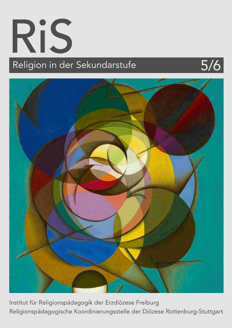 Abstraktes Gemälde mit überlappenden, farbigen Kreisen und Bögen in Blau, Gelb, Rot, Grün und Braun vor türkisfarbenem Hintergrund.