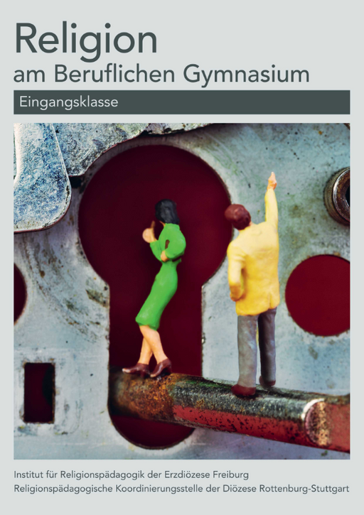 Zwei kleine Figuren, eine Frau in grünem Kleid und ein Mann in gelber Jacke, stehen vor einem großen, rostigen Schlüsselloch mit rotem Hintergrund.