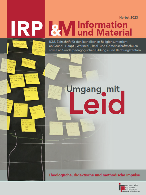 Zeitschriftentitel 'IRP & M Information und Material' mit dem Thema 'Umgang mit Leid' und mehreren gelben Notizzetteln auf dunklem Hintergrund.