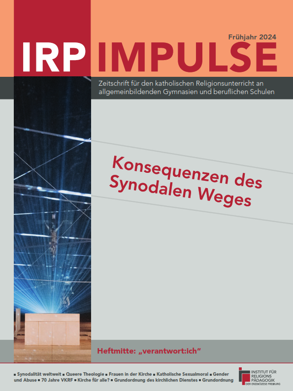 Zeitschriftentitel 'IRP IMPULSE' Frühjahr 2024 mit Thema 'Konsequenzen des Synodalen Weges' und Foto eines modernen Kircheninnenraums mit beleuchteten Deckenstreben.