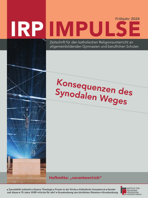 Zeitschriftentitel 'IRP IMPULSE' Frühjahr 2024 mit Thema 'Konsequenzen des Synodalen Weges' und Foto eines modernen Kircheninnenraums mit beleuchteten Deckenstreben.