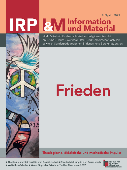 Zeitschriftentitel 'IRP & M Information und Material' mit dem Thema 'Frieden' und einer Illustration mit Friedenstaube, Friedenszeichen und Musiknoten.