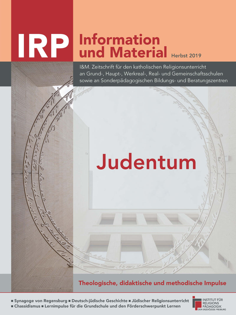 Zeitschriftentitel 'IRP Information und Material Herbst 2019' mit dem Thema 'Judentum' und einem Hintergrund mit Säulen und einem dekorativen Kreis.