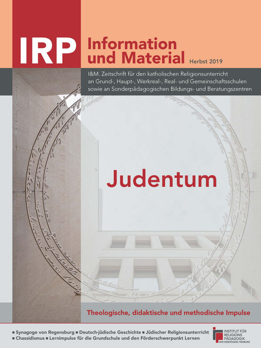Zeitschriftentitel 'IRP Information und Material Herbst 2019' mit dem Thema 'Judentum' und einem Hintergrund mit Säulen und einem dekorativen Kreis.
