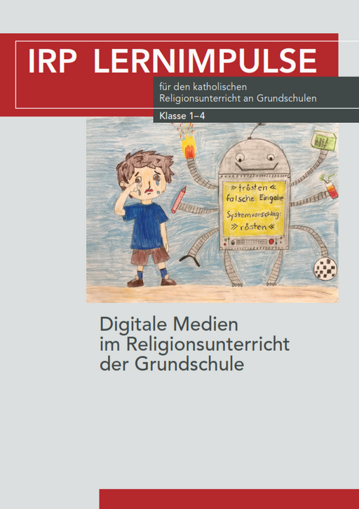 Illustration eines Jungen mit blauen Kleidungsstücken, der sich die Ohren zuhält, neben einem grauen Roboter mit mehreren Armen, der ein Schild mit Text hält.