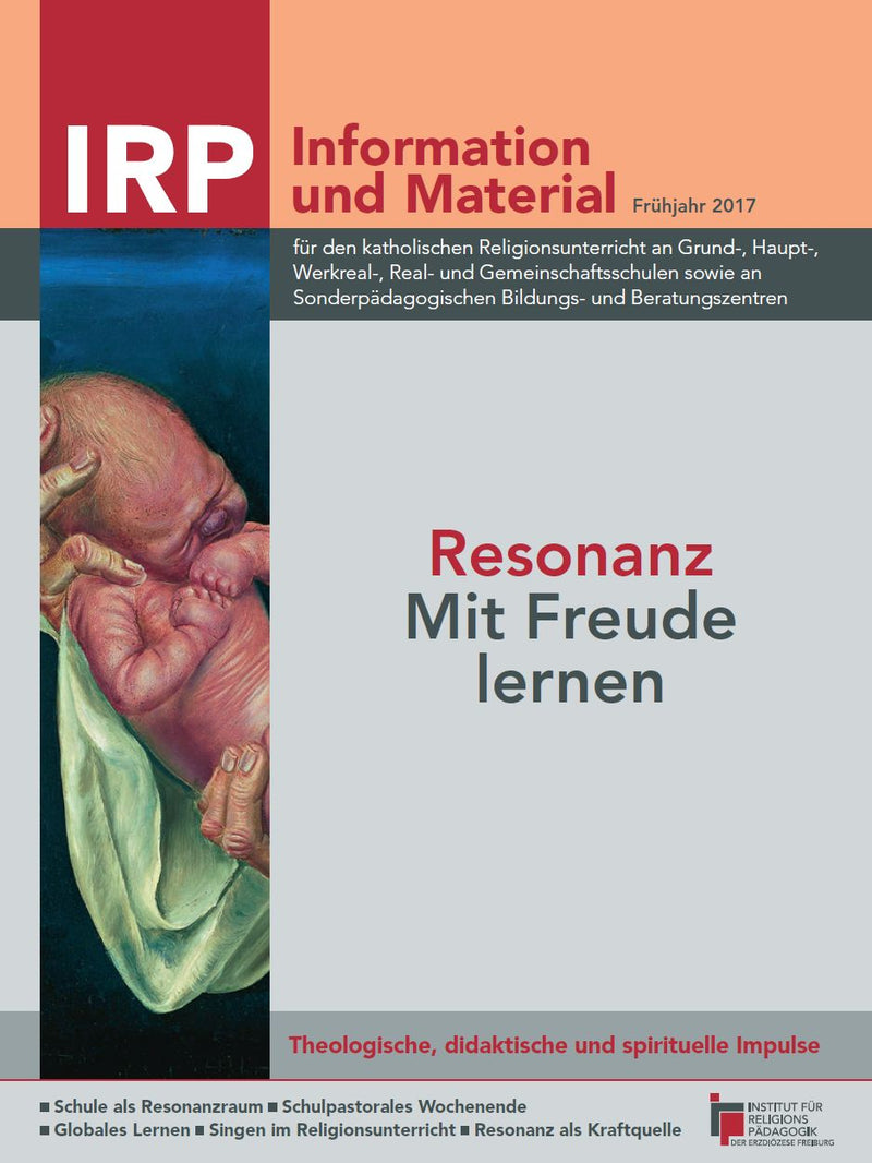 Titelblatt einer Publikation mit der Überschrift 'IRP Information und Material' und dem Thema 'Resonanz Mit Freude lernen', daneben ein neugeborenes Baby, das in eine grüne Decke gewickelt ist.