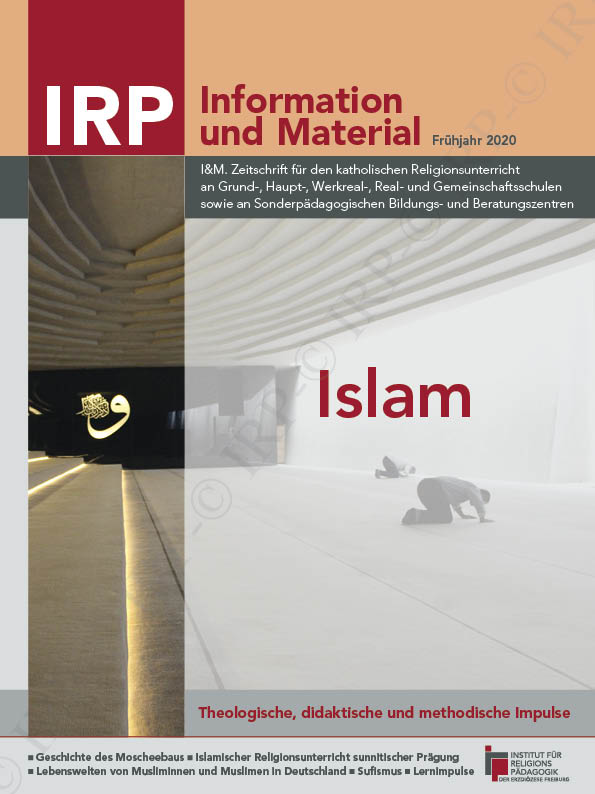 Zeitschriftentitel 'IRP Information und Material' mit Untertitel und Thema 'Islam', dazu ein Bild von zwei betenden Personen in einem hellen, modernen Innenraum mit geschwungenen Deckenlinien.