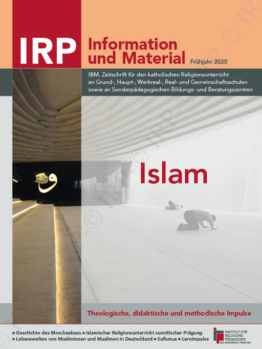 Zeitschriftentitel 'IRP Information und Material' mit Untertitel und Thema 'Islam', dazu ein Bild von zwei betenden Personen in einem hellen, modernen Innenraum mit geschwungenen Deckenlinien.