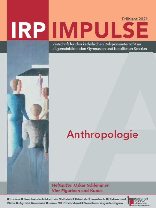 Titelblatt der Zeitschrift 'IRP IMPULSE' Frühjahr 2021 mit dem Thema 'Anthropologie' und einer Illustration von vier stilisierten Figuren in einem Raum.