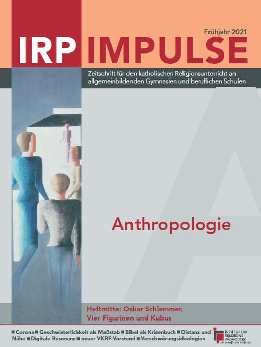 Titelblatt der Zeitschrift 'IRP IMPULSE' Frühjahr 2021 mit dem Thema 'Anthropologie' und einer Illustration von vier stilisierten Figuren in einem Raum.