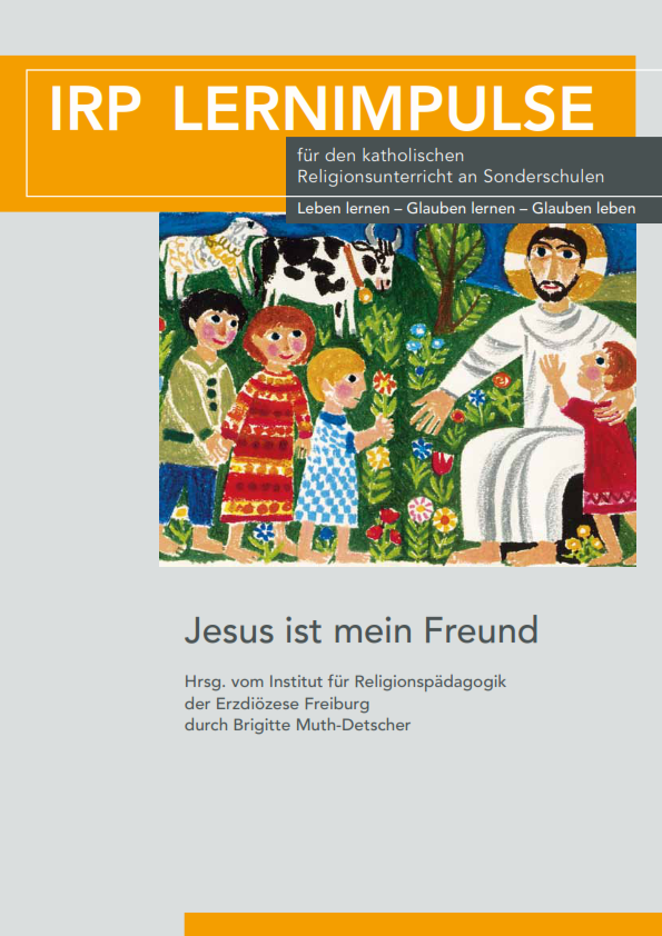 Illustration zeigt Jesus in weißem Gewand, der mit mehreren Kindern in bunter Kleidung in einer grünen Landschaft mit Blumen sitzt.