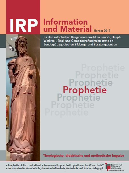 Rote Statue einer stehenden weiblichen Figur mit langem Gewand links, rechts Textblock mit dem Titel 'IRP Information und Material Herbst 2017' und mehrfach dem Wort 'Prophetie'.