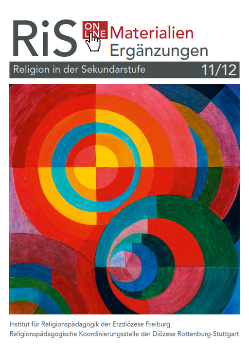 Buntes abstraktes Gemälde mit konzentrischen Kreisen und Halbkreisen in Rot-, Blau-, Gelb- und Grüntönen.