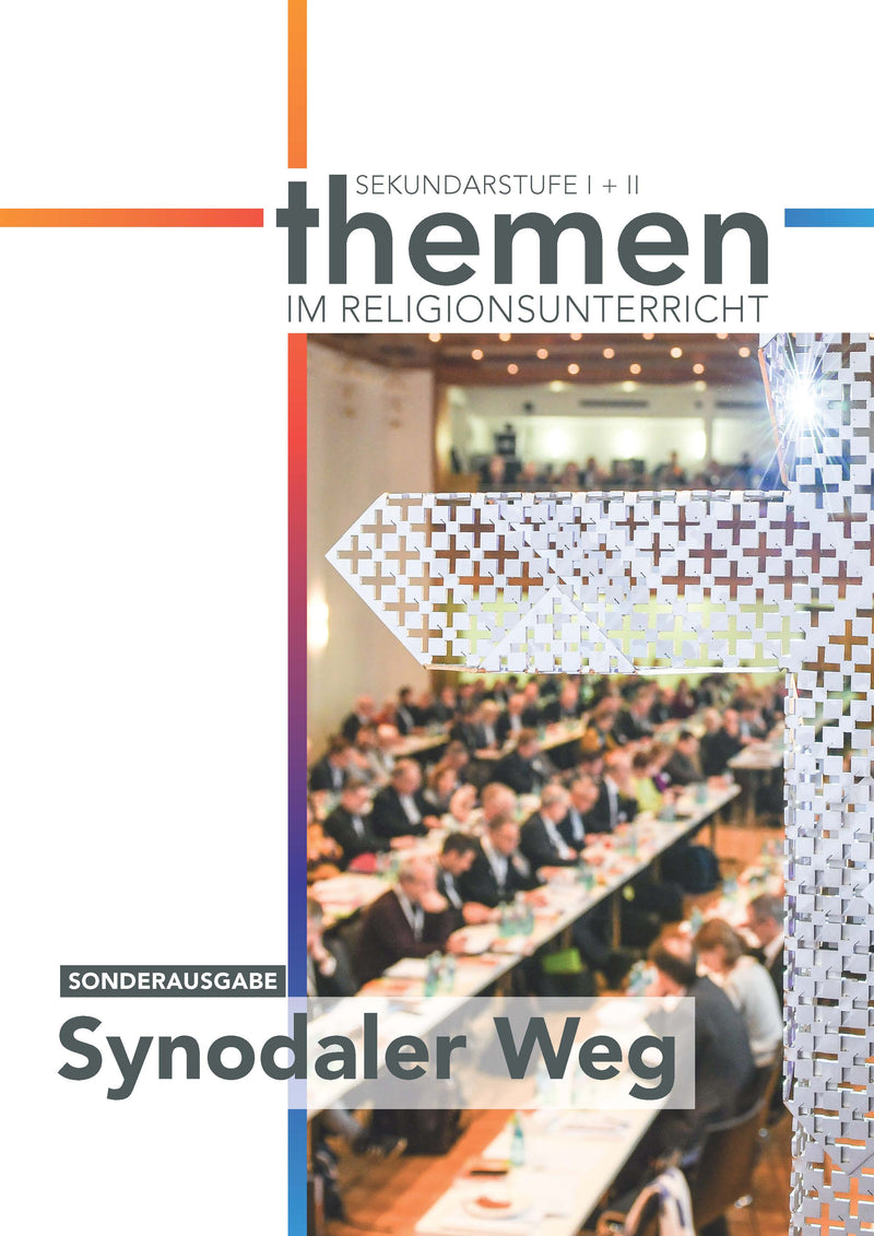 Konferenzraum mit vielen Personen an langen Tischen, darüber ein Pfeil mit Kreuzmuster, Text 'Sekundarstufe I + II Themen im Religionsunterricht', 'Sonderausgabe Synodaler Weg'.