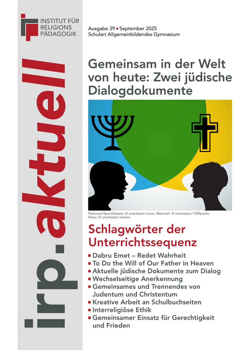 Titelseite einer Publikation mit dem Titel 'Gemeinsam in der Welt von heute: Zwei jüdische Dialogdokumente' und einer Illustration mit einem Menora-Symbol links und einem Kreuz-Symbol rechts, darunter eine Liste von Schlagwörtern zur Unterrichtssequenz.