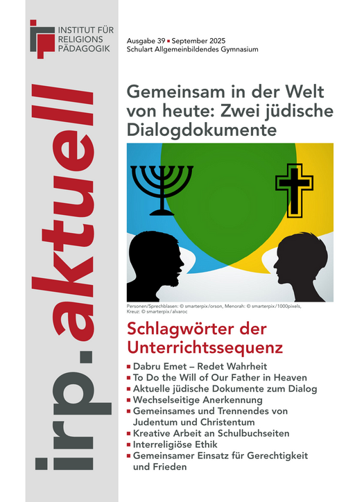 Titelseite einer Publikation mit dem Titel 'Gemeinsam in der Welt von heute: Zwei jüdische Dialogdokumente' und einer Illustration mit einem Menora-Symbol links und einem Kreuz-Symbol rechts, darunter eine Liste von Schlagwörtern zur Unterrichtssequenz.