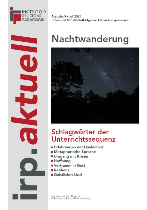 Titelblatt einer Ausgabe der Zeitschrift »irp.aktuell« mit dem Thema »Nachtwanderung« und einer Nachtaufnahme mit Sternenhimmel und Baum-Silhouetten
