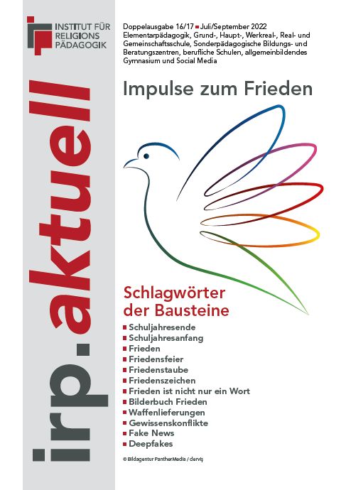 Titelblatt einer Zeitschrift mit dem Schriftzug 'irp.aktuell' und einer stilisierten Friedenstaube mit farbigen Flügeln