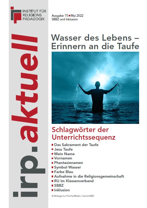 Titelblatt einer Zeitschrift mit dem Titel 'irp.aktuell' und einem Foto einer Person, die mit ausgebreiteten Armen im Wasser steht und Wasser spritzt
