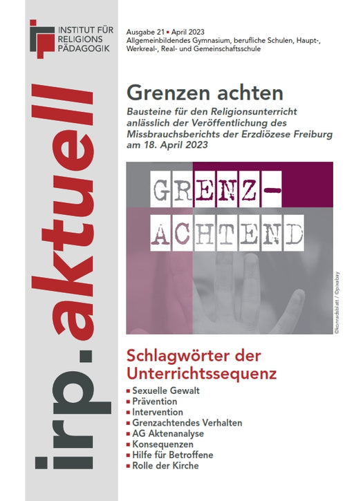 Titelseite einer Publikation mit dem Titel 'Grenzen achten' und einer Hand hinter dem Schriftzug 'GRENZ-ACHTEND'