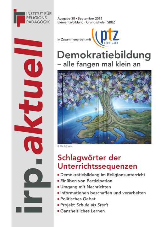 Titelblatt der Zeitschrift »irp.aktuell« mit dem Thema Demokratiebildung und einer Illustration eines Baums, dessen Wurzeln Europa in Form einer Landkarte umfassen