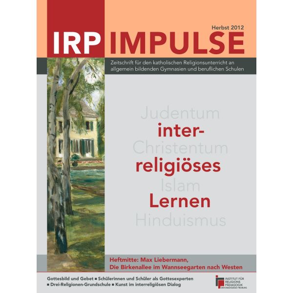Zeitschriftentitel 'IRP IMPULSE' mit Untertitel zur katholischen Religionslehre, Herbst 2012, mit Gemälde eines Baums vor einem Haus und Text zu interreligiösem Lernen