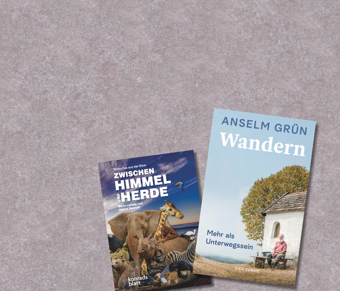 Zwei Bücher von Anselm Grün und Helmut Grunwald auf grauem Hintergrund: „Wandern“ und „Zwischen Himmel und Herde“
