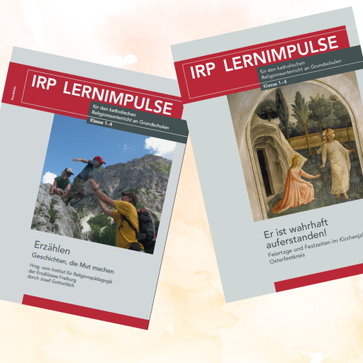 Zwei Ausgaben der Unterrichtsreihe „IRP Lernimpulse“ für den katholischen Religionsunterricht an Grundschulen (Klasse 1–4) sind vor hellem Hintergrund dargestellt. Die linke Ausgabe trägt den Titel „Erzählen – Geschichten, die Mut machen“ und zeigt eine Bergwanderung, bei der sich Menschen gegenseitig beim Klettern unterstützen. Die rechte Ausgabe mit dem Titel „Er ist wahrhaft auferstanden! – Feiertage und Festzeiten im Kirchenjahr: Osterfestkreis“ zeigt eine klassische Darstellung der Auferstehung Jesu. B