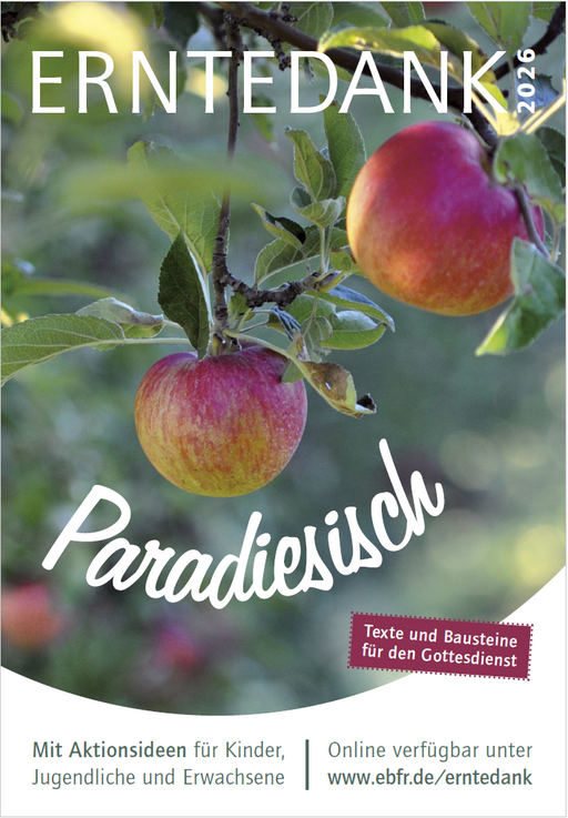 Zwei Äpfel hängen an einem Ast mit Blättern, darüber steht groß 'ERNTEDANK', darunter 'Paradiesisch' und 'Wir laden ein zum Gottesdienst'.