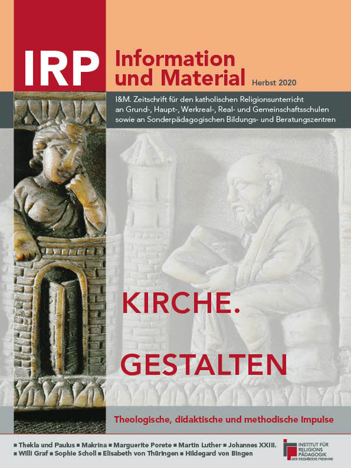 Titelblatt der Zeitschrift 'IRP Information und Material' Herbst 2020 mit einer Reliefskulptur eines sitzenden Mannes und einer Statue einer Frau mit Kind.