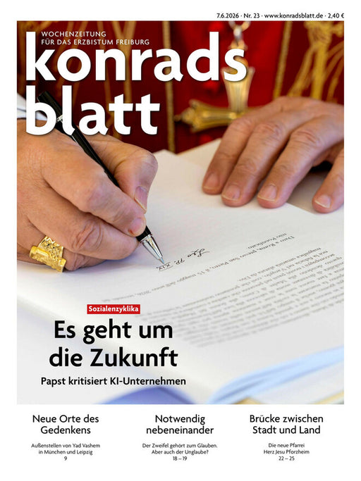 Titelseite des Konradsblatts Nr. 23/2026 mit schreibender Hand und Titelthema „Es geht um die Zukunft“
