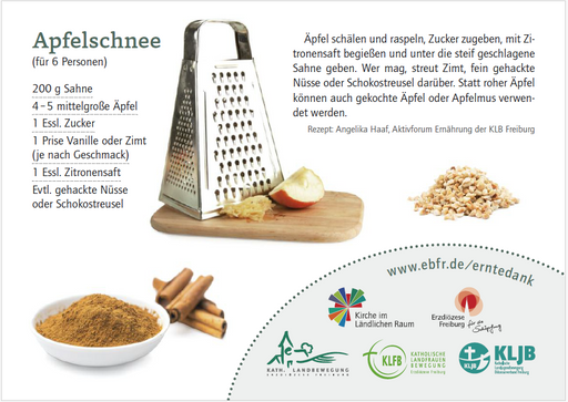 Reibe, Schlagsahne und geraspelte Äpfel neben Rezepttext für Apfelschnee