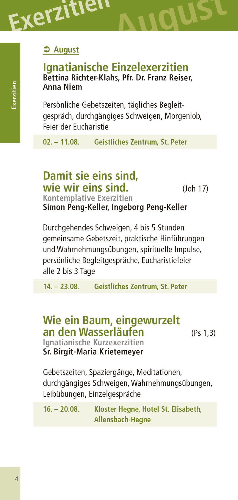 Exerzitienkalender der Erzdiözese Freiburg Juli - Dezember 2026