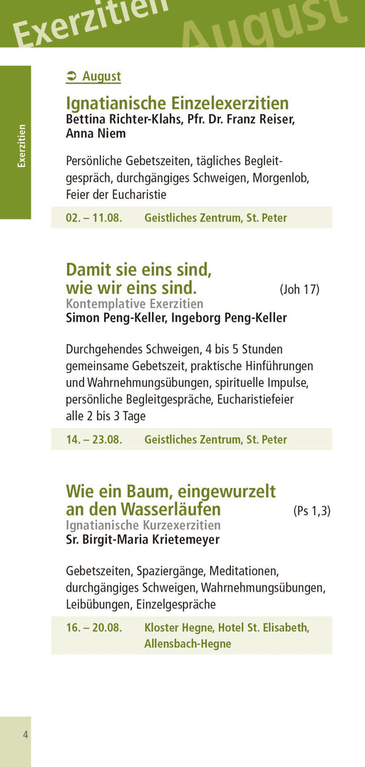 Programmseite August mit drei Exerzitien-Angeboten