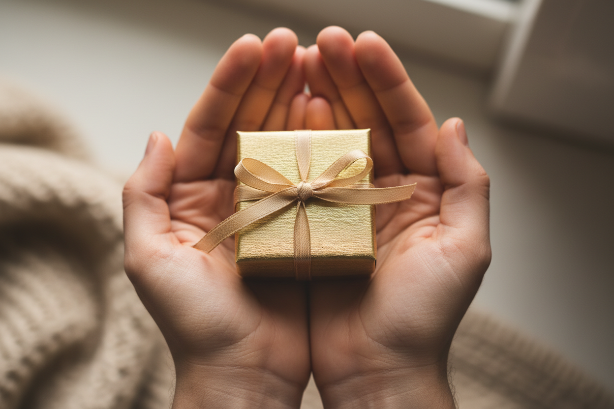 Kleine goldene Geschenkbox mit Schleife in schützenden Händen gehalten – Symbol für Wertschätzung und Geschenkidee