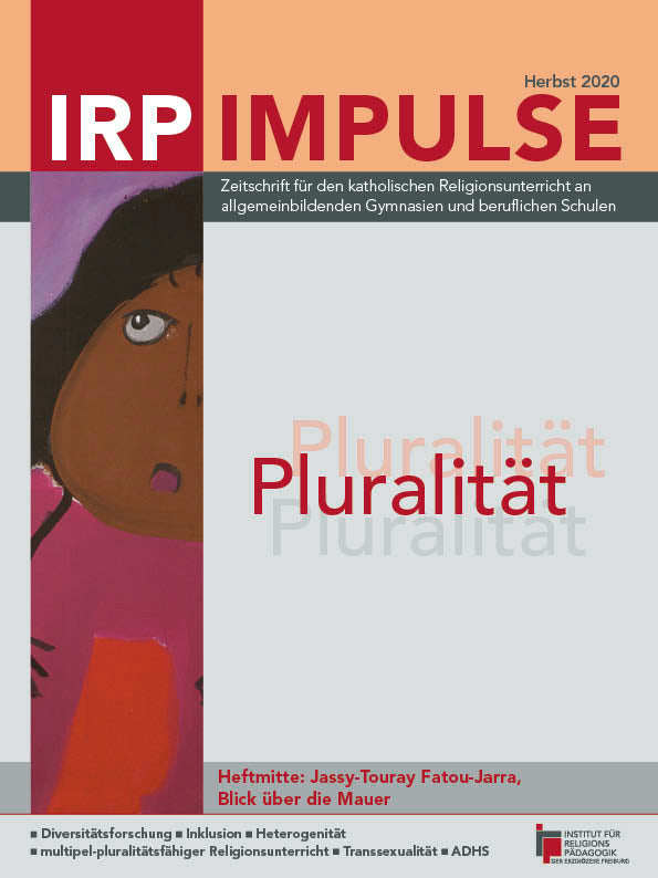 Zeitschriftentitel 'IRP IMPULSE' mit dem Thema 'Pluralität', Herbst 2020, und einer Illustration eines nach oben schauenden Kindes mit dunkler Haut und rotem Pullover.