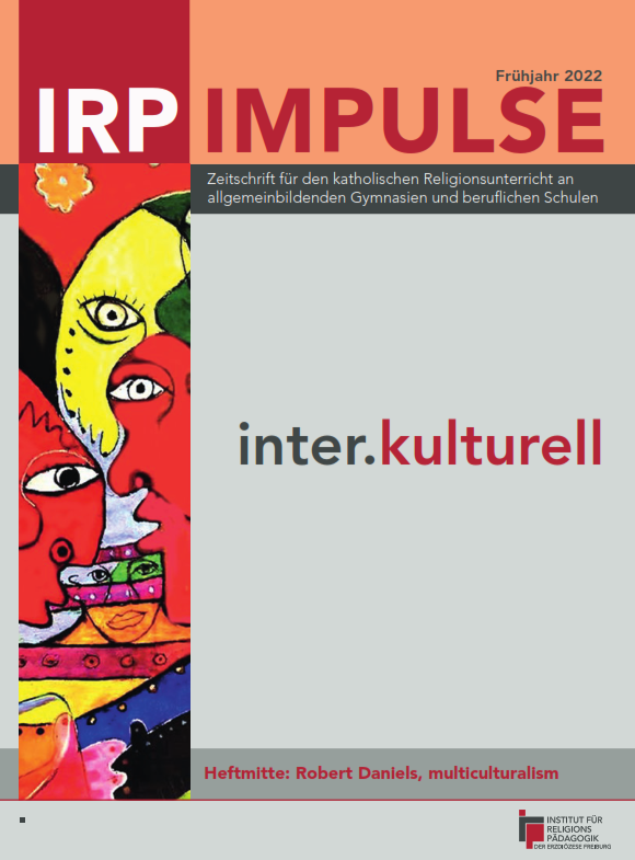 Bunte, stilisierte Gesichter in Rot, Gelb und Schwarz links, rechts Text 'IRP IMPULSE Frühjahr 2022' und 'inter.kulturell' auf grauem Hintergrund.