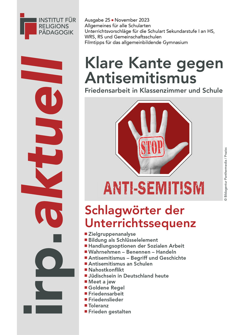 Titelblatt der Ausgabe 25 November 2023 der Zeitschrift irp.aktuell mit dem Thema Klare Kante gegen Antisemitismus und einer roten Hand vor einem Stoppschild mit dem Schriftzug STOP ANTI-SEMITISMUS